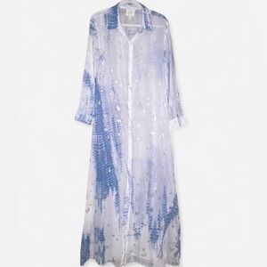 Z&L Ethereal Maxi White/Blue Tie Dye Cotton Button-up Shirt Dress